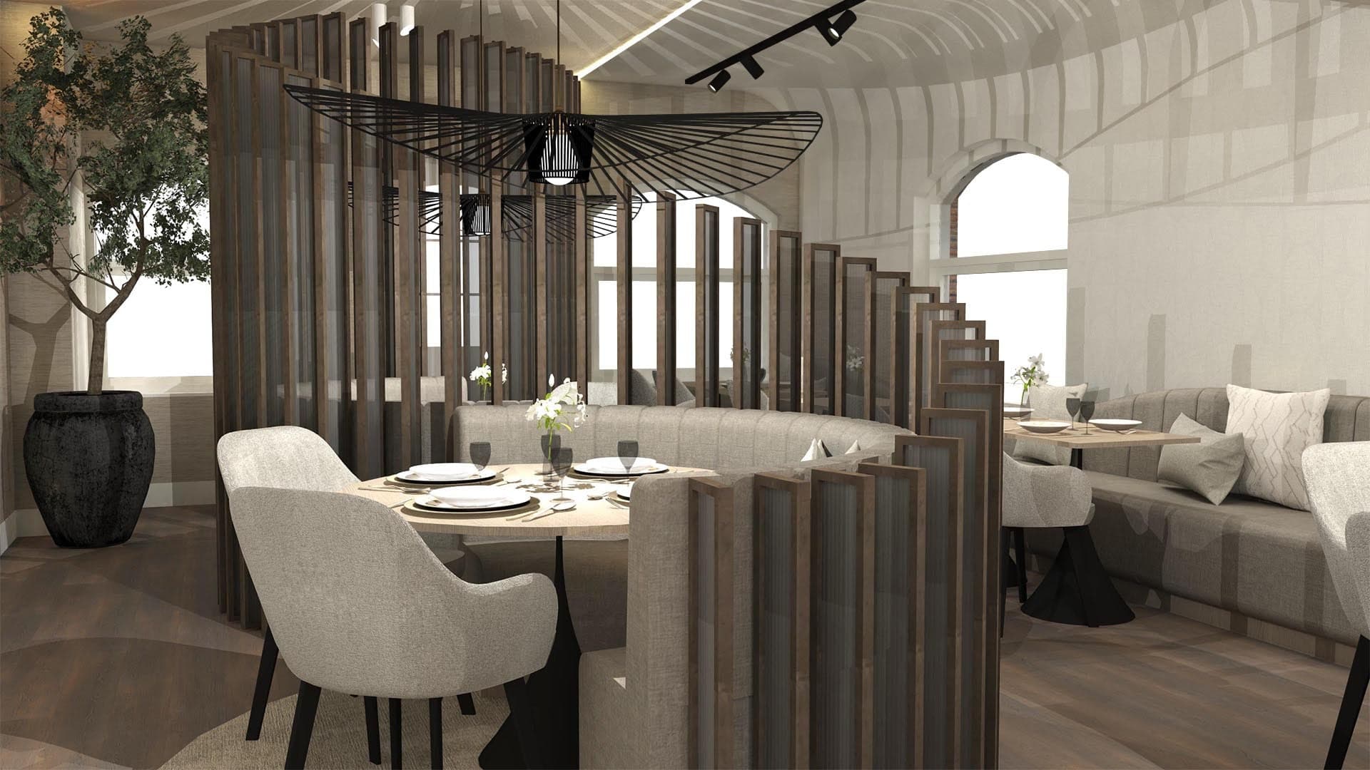 Sfeervol restaurantinterieur met ronde gedekte tafels, houten roomdividers en zwarte hanglampen, interieurontwerp voor bedrijven in Noord-Brabant