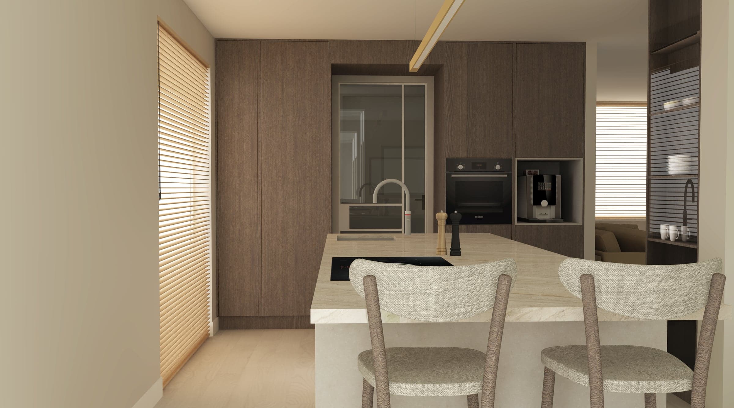 Moderne keuken met houten kastenwand, een marmeren kookeiland en lichte eetstoelen, interieurontwerp voor een woning in Noord-Brabant